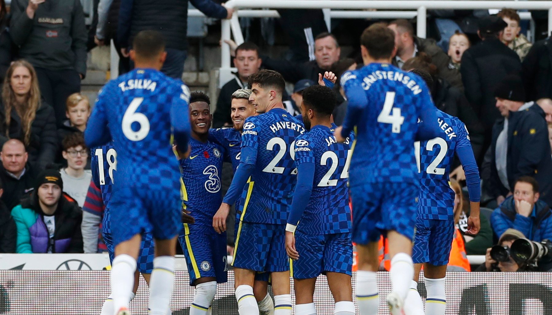Chelsea's Jorginho celebrates scoring their third goal with teammates