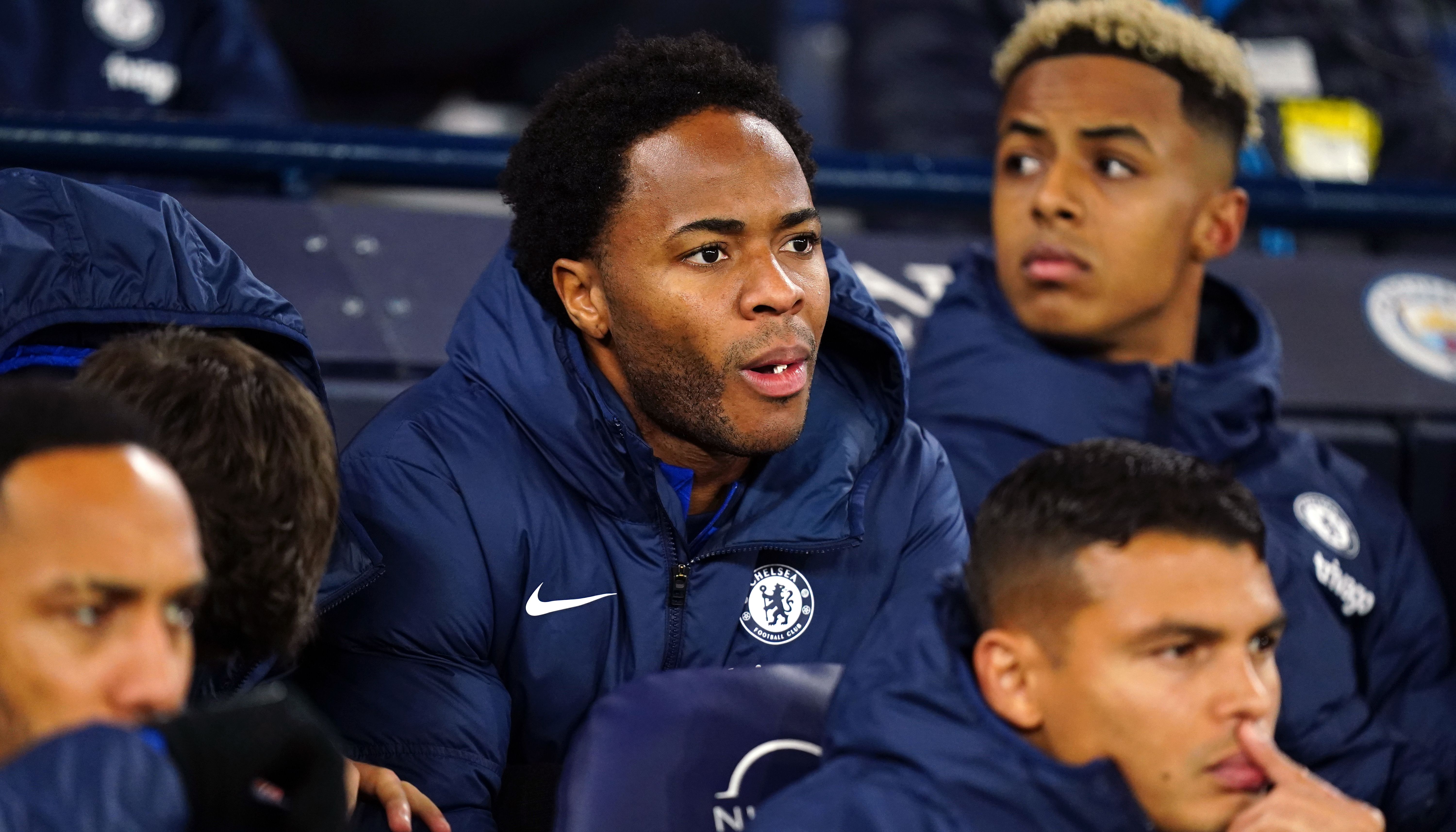 Chelsea's Raheem Sterling on the bench during the Carabao Cup third round match at the Etihad Stadium, Manchester. Picture date: Wednesday November 9, 2022.
