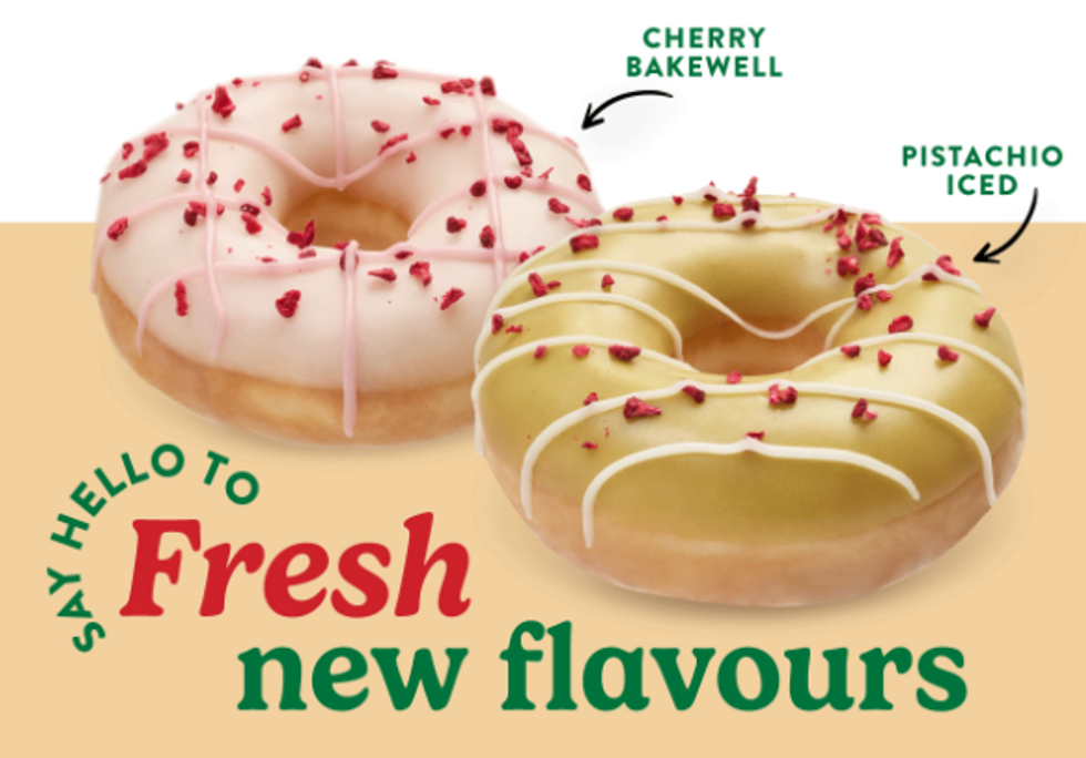 Cherry Bakewell and Pistachio Iced Krispy Kreme doughnuts