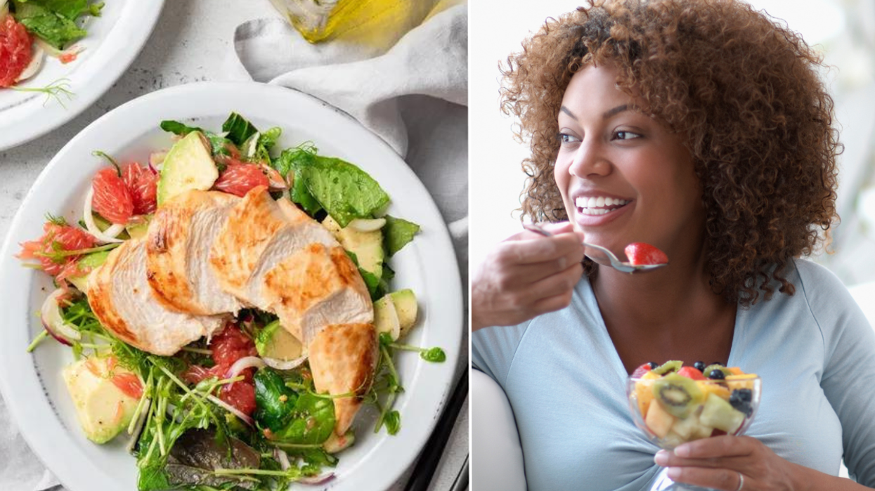 Chicken salad / woman eating fruit