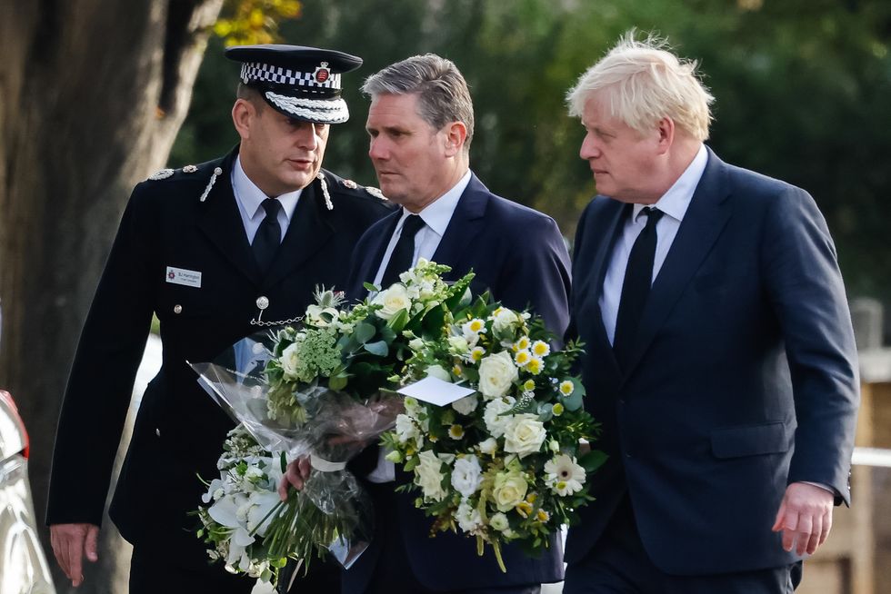 Chief Constable Ben-Julian Harrington, Labour Party leader Sir Keir Starmer and Prime Minister Boris Johnson arrive at the scene near Belfairs Methodist Church in Eastwood Road North, Leigh-on-Sea, Essex.