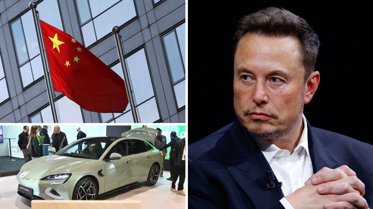 China flag, a BYD EV and Elon Musk