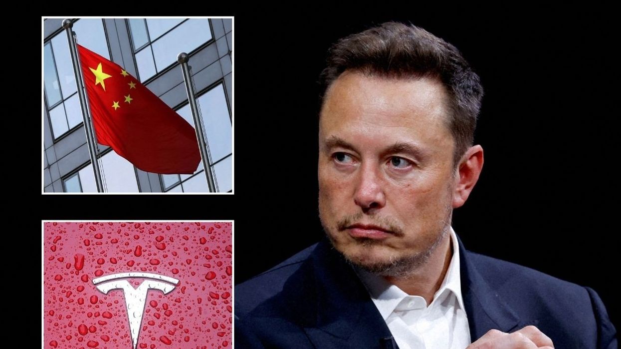 China flag, Tesla logo and Elon Musk