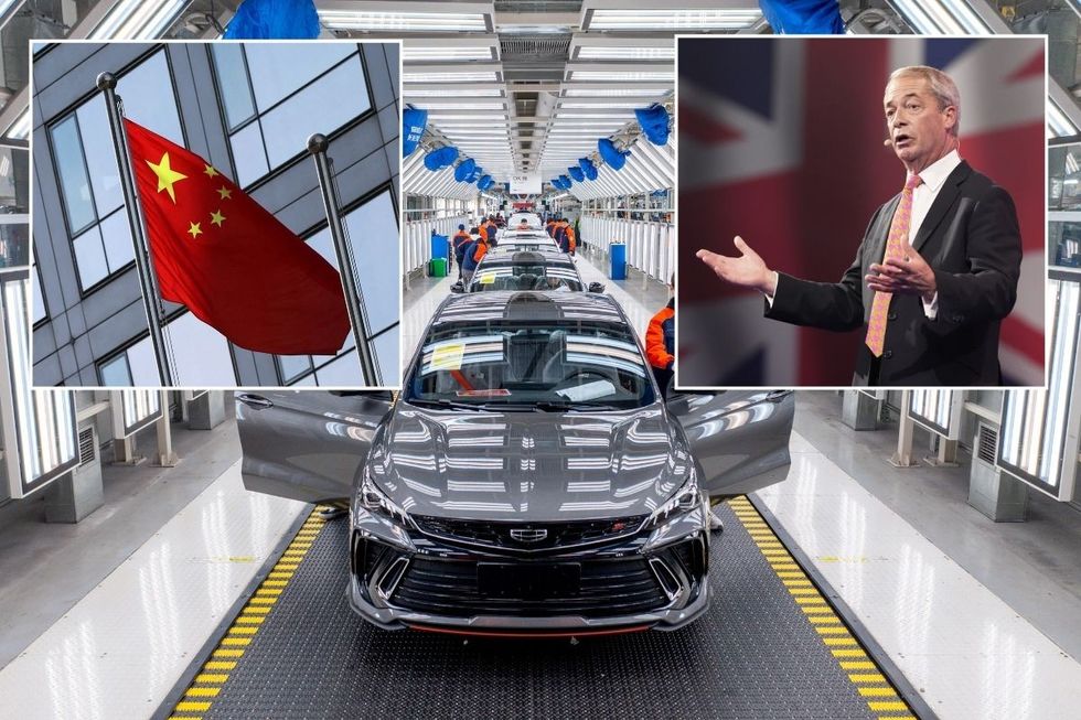 Chinese flag, a Chinese car production line and Nigel Farage