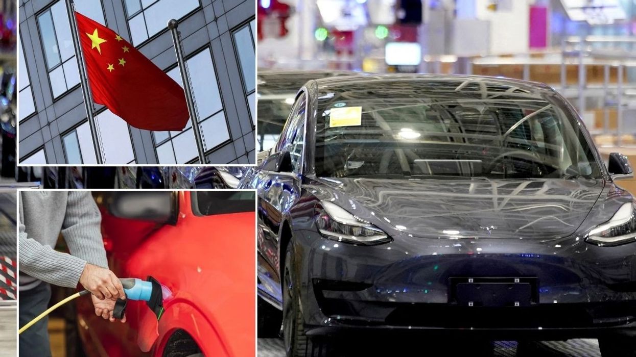 Chinese flag, electric car charger and an EV production line