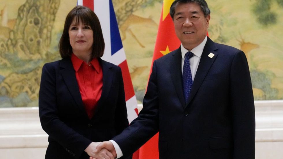 Chinese flag, union jack and Rachel Reeves