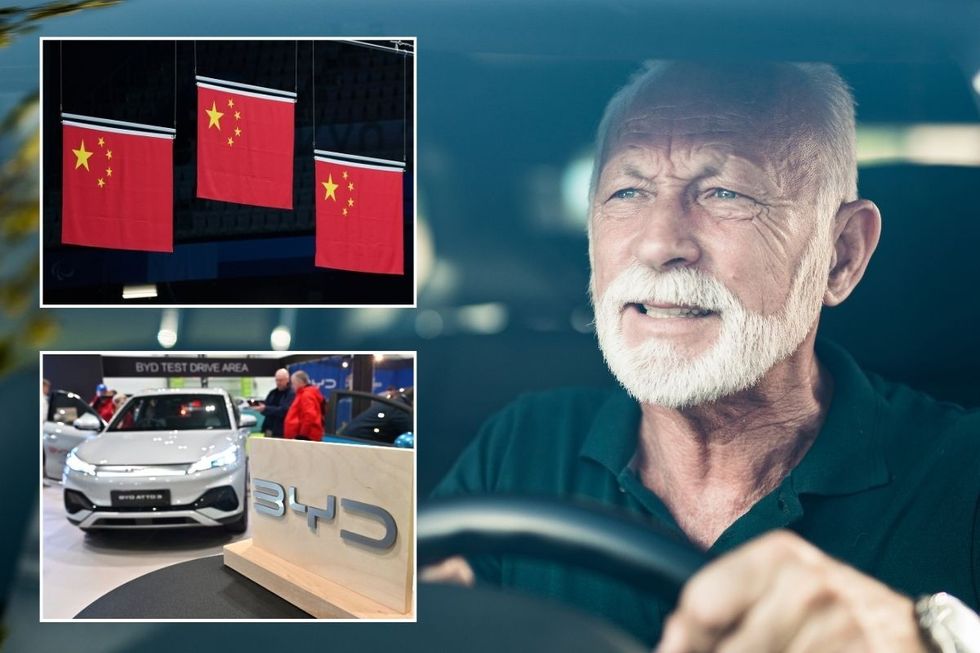 Chinese flags, a BYD dealership and an elderly driver