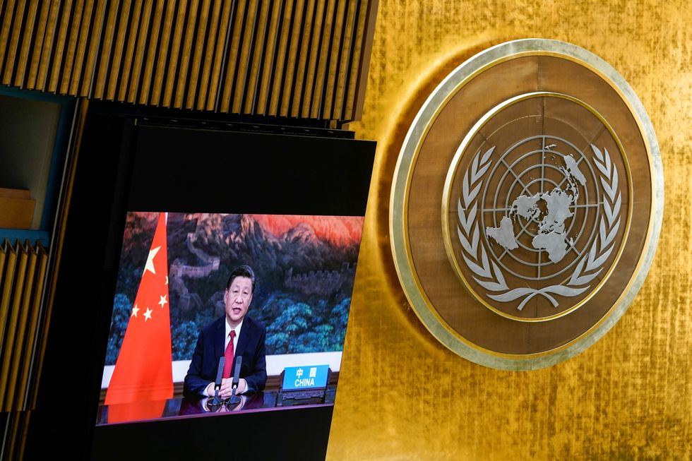 Chinese President Xi Jinping speaks remotely during the 76th Session of the General Assembly at UN Headquarters in New York on September 21, 2021