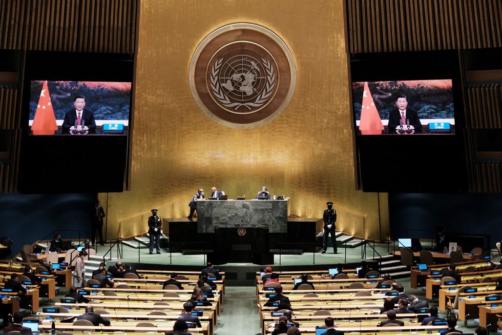 Chinese President Xi Jinping speaks remotely during the 76th Session of the General Assembly at UN Headquarters in New York on September 21, 2021