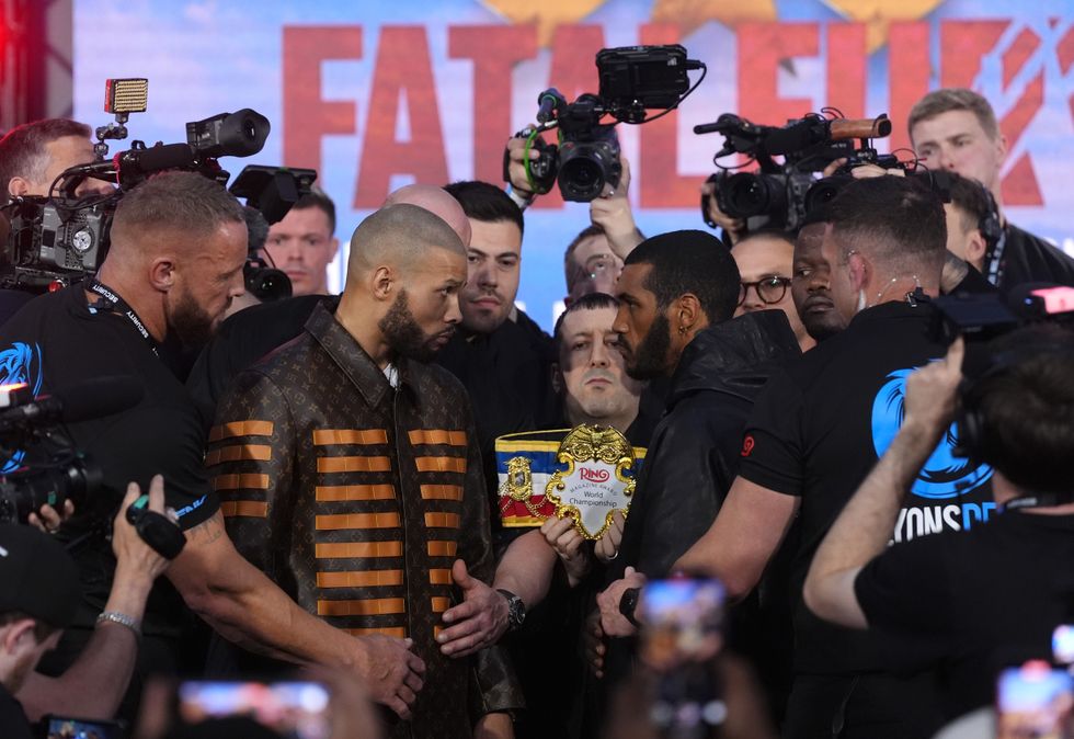 Chris Eubank Jr vs Conor Benn pictured squaring off at the press conference for the Fatal Fury boxing match in Tottenham Hotspur Stadium, London