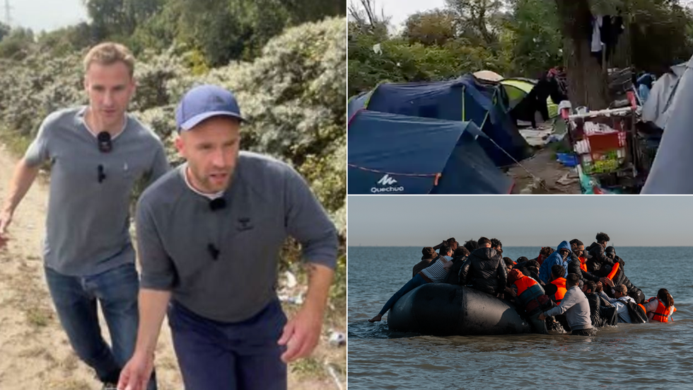 Chris Philp and Zak Garner-Purkis flee after bottles are thrown at them (left), migrant camp in Calais (top right), boats crossing Channel (bottom right)
