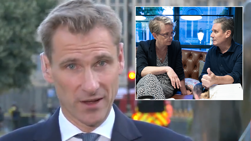 Chris Philp speaks on GB News with an inset image of Yvette Cooper speaking to Keir Starmer