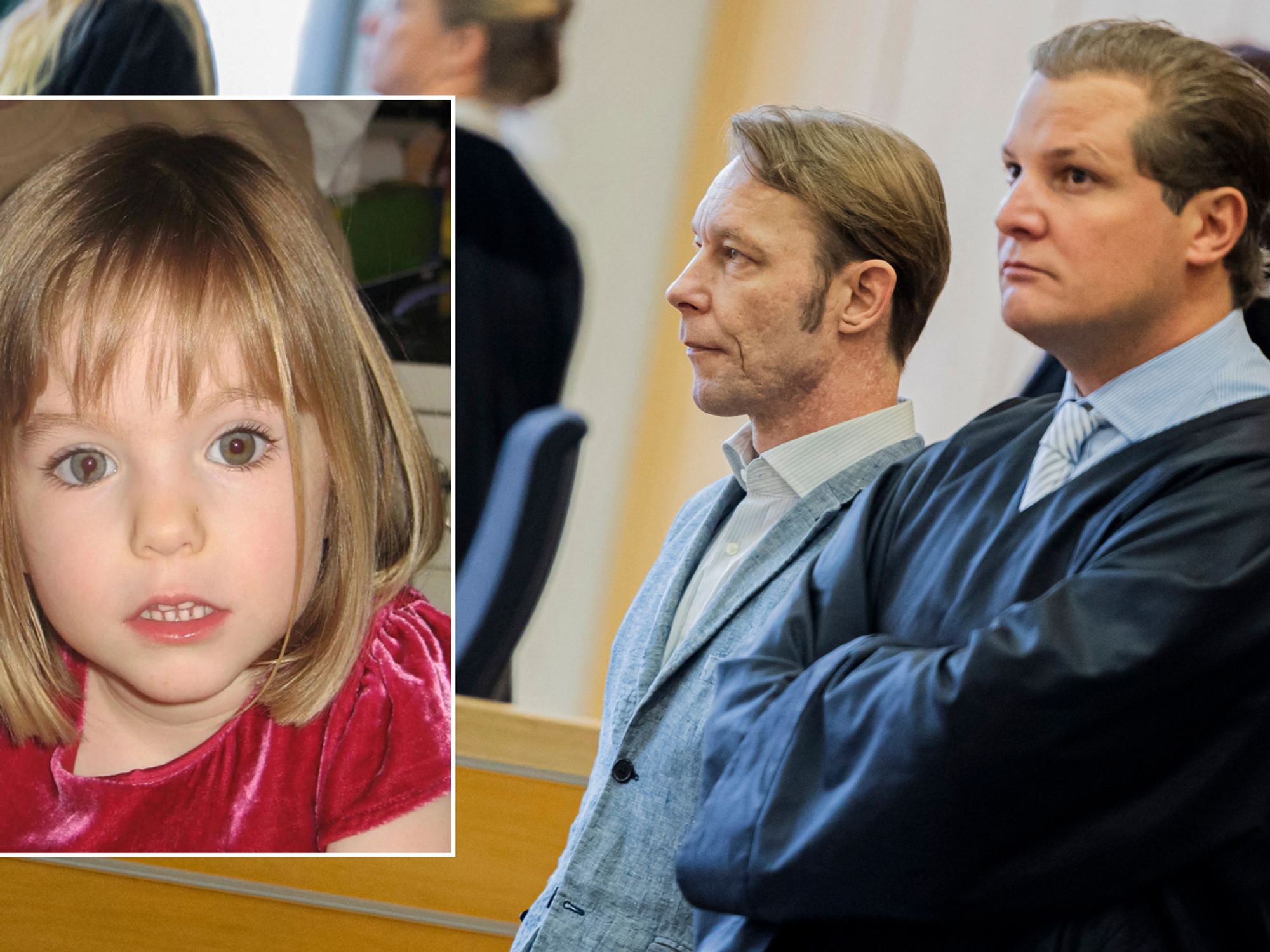 Christian Brueckner, his lawyer, and an insert of Madeleine McCann