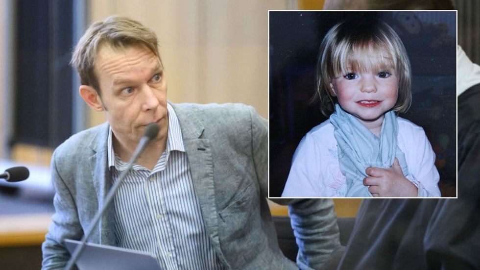 Christian Brueckner in court alongside inset of Madeleine McCann