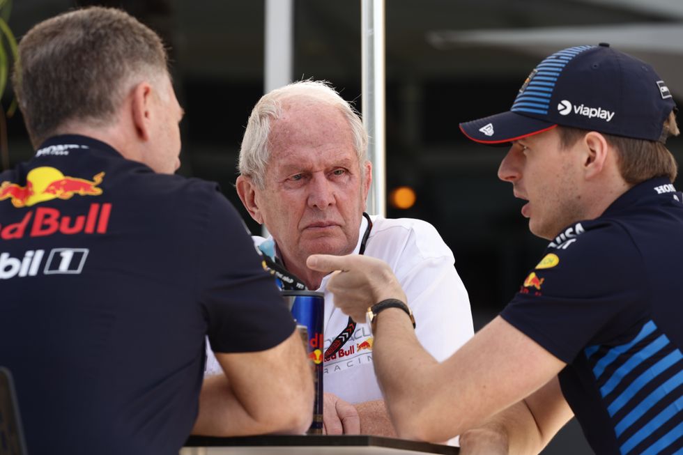 Christian Horner was spotted in conversation with Helmut Marko and Max Verstappen