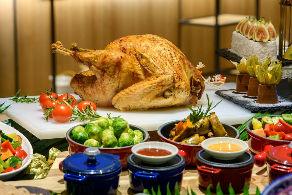 Christmas dinner including turkey and Brussels sprouts