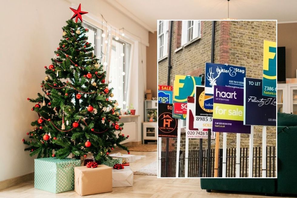 Christmas tree in living room / For sale signs outside property