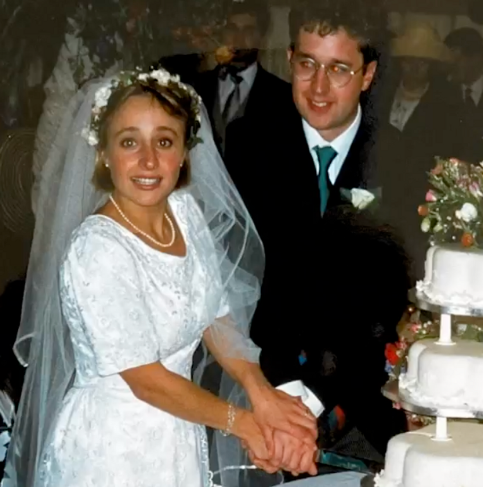 Christopher Hope with his wife, Sarah, on their wedding day