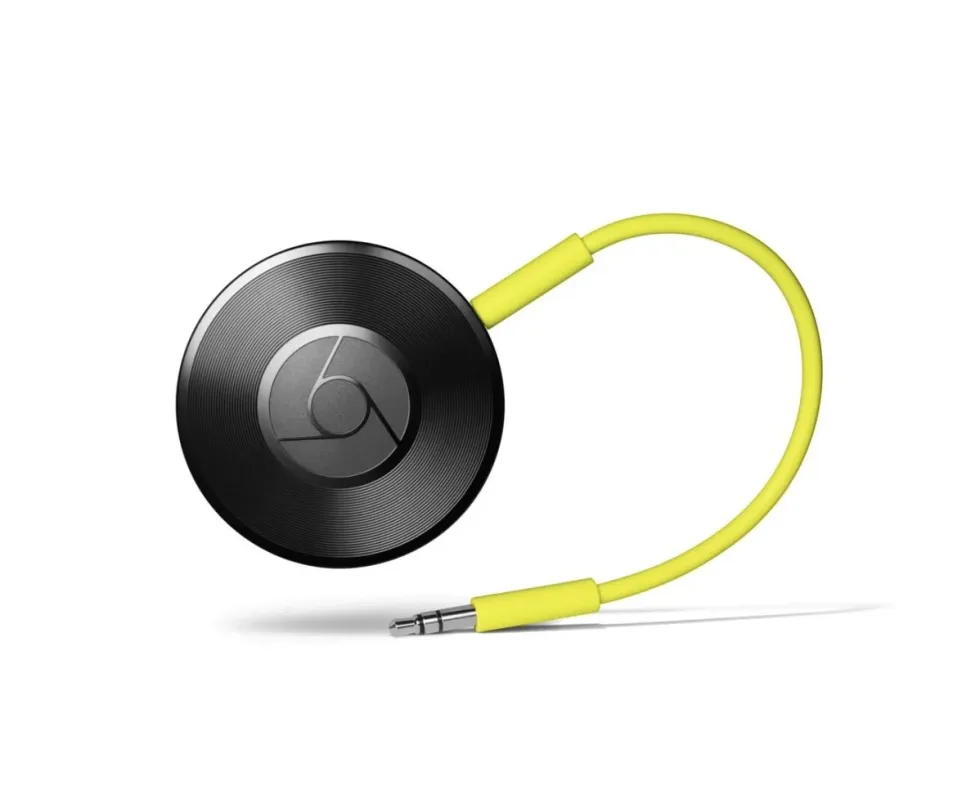 chromecast audio pictured on a white background