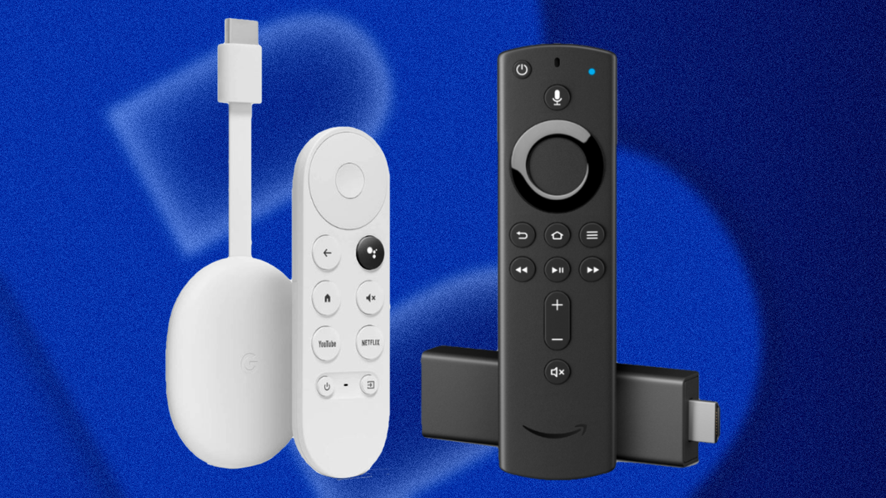 chromecast with google tv in white pictured alongside the fire tv stick 4k on a blue background