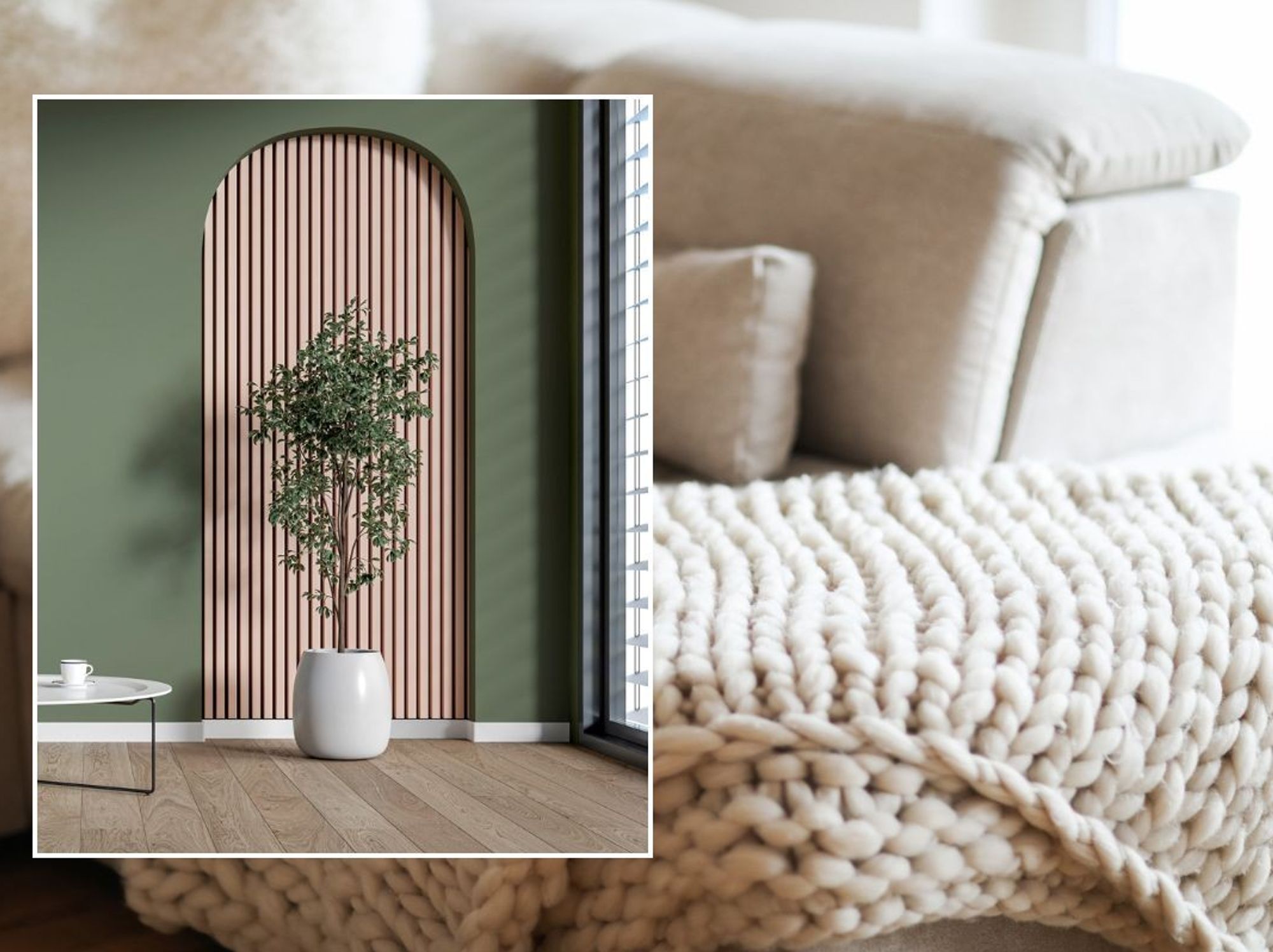 Chunky knit blanket on sofa / Living room with white furniture, a plant, and olive green walls
