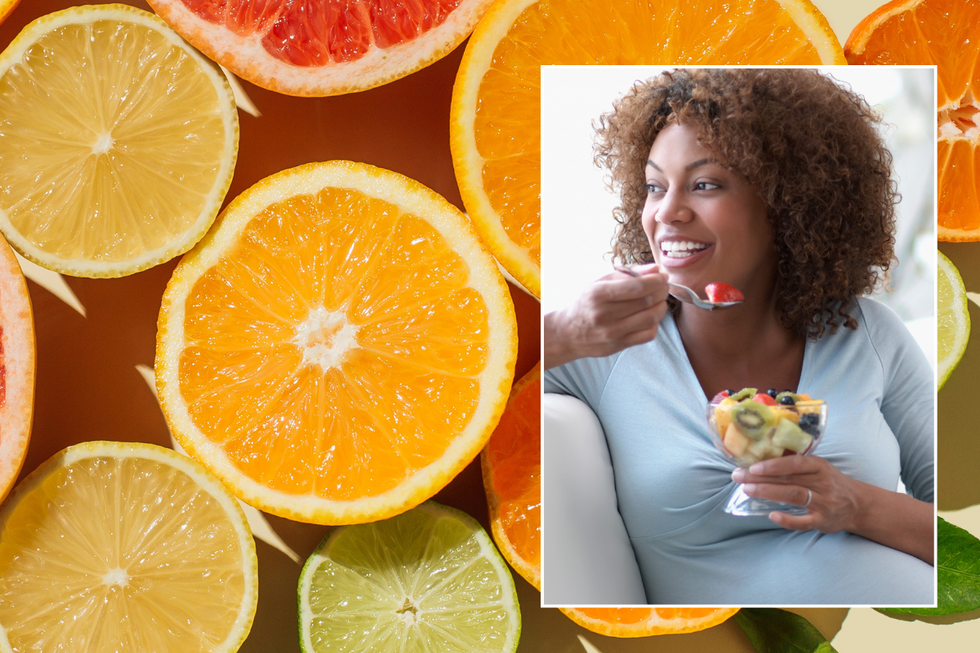 Citrus fruits / woman eating fruit salad