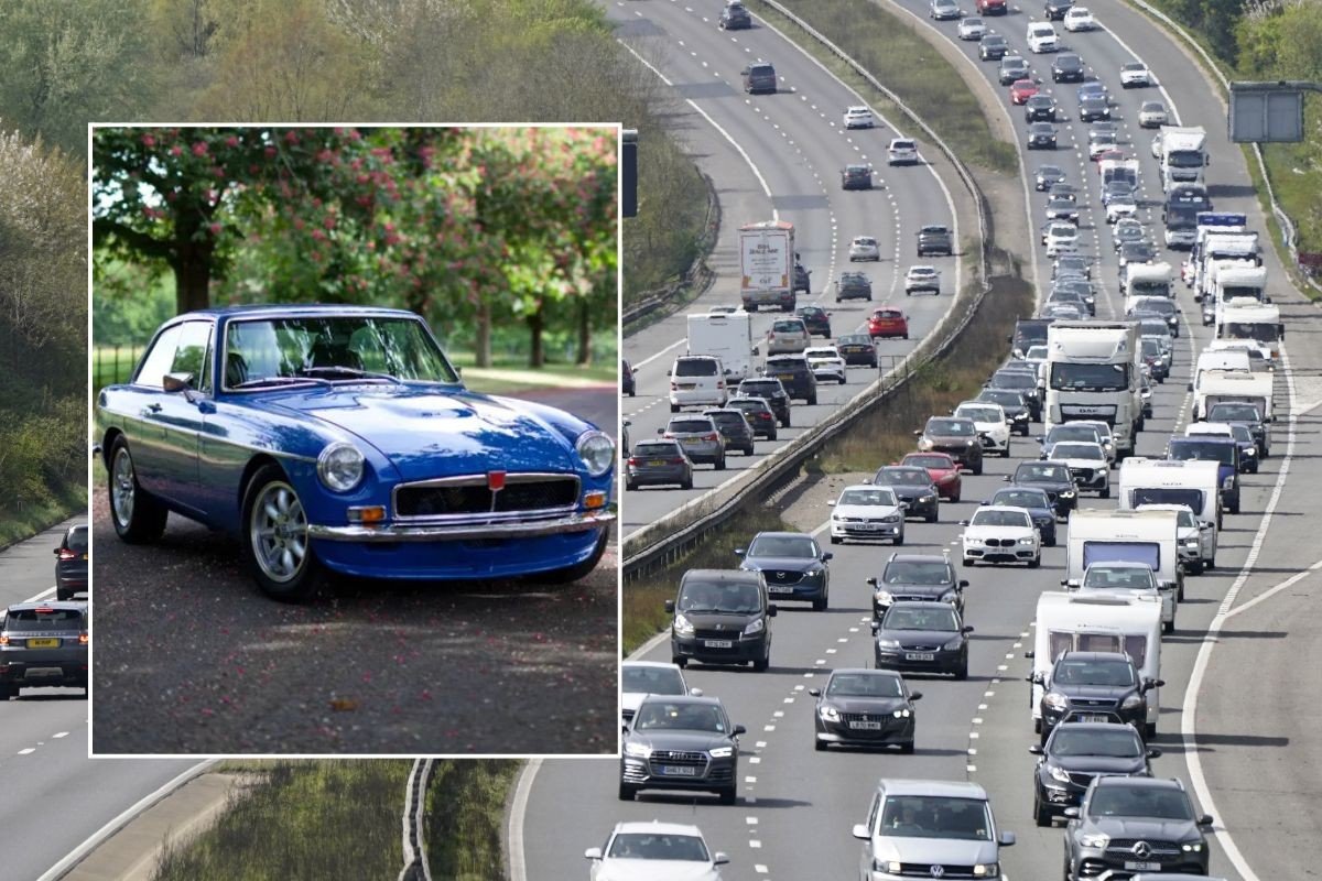 Classic car and a busy road