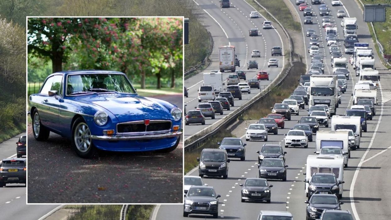 Classic car and a busy road
