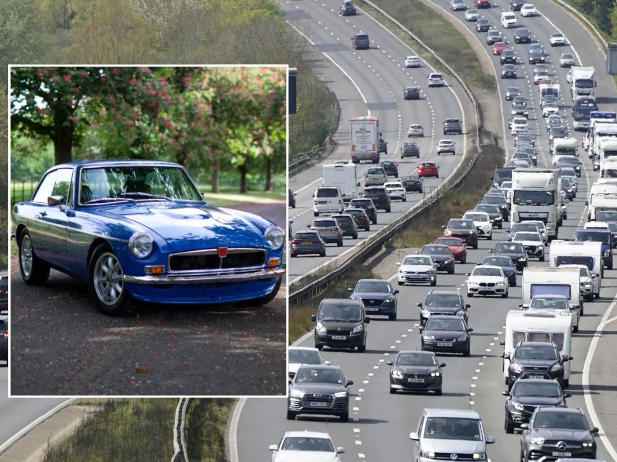 Classic car and a busy road