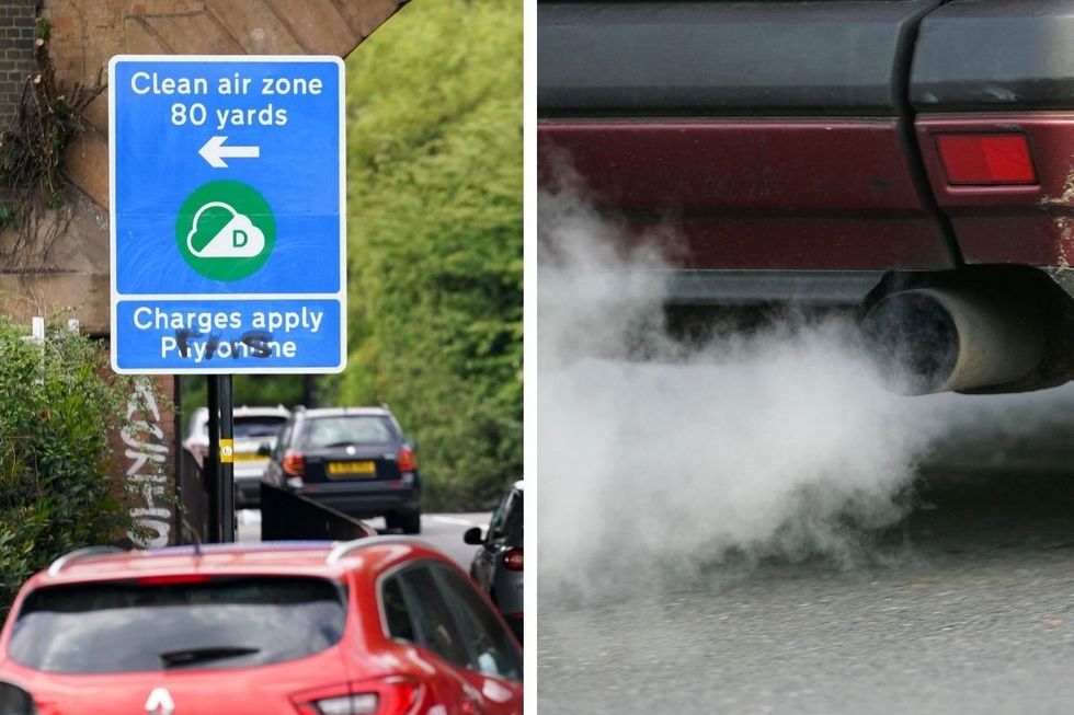 Clean Air Zone sign and car exhaust fumes