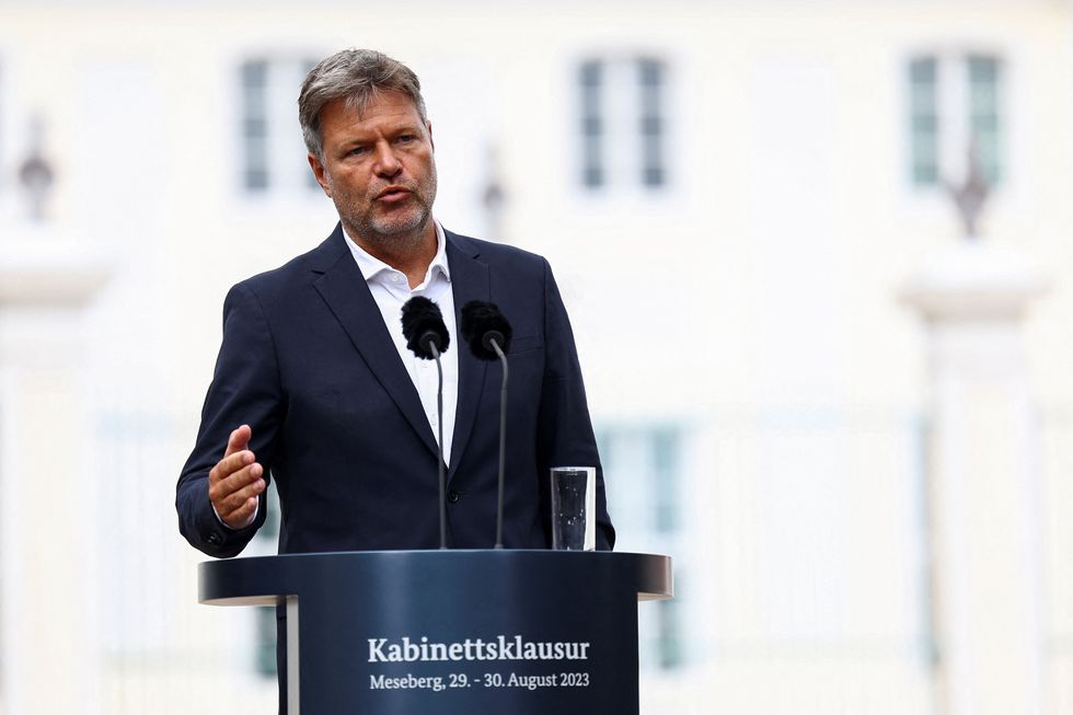 Climate Minister Robert Habeck attends a press conference after a closed cabinet meeting at Schloss Meseberg, near Gransee, Germany
