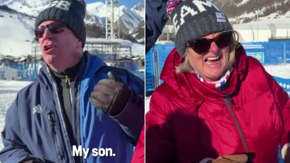 Clive and Christine Nightingale found themselves unable to contain their joy after watching their son Huw claim Olympic glory in the mixed snowboard cross event on Sunday