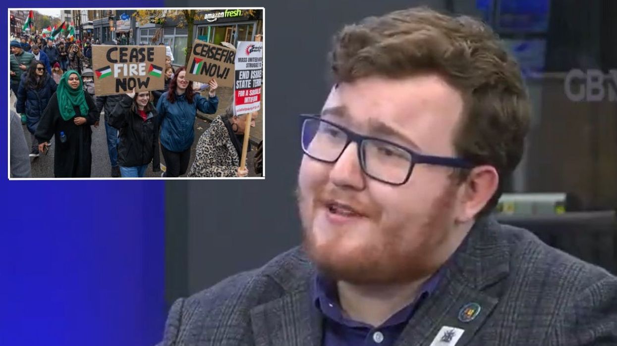 Cllr James Giles with an inset of pro-Palestine protests