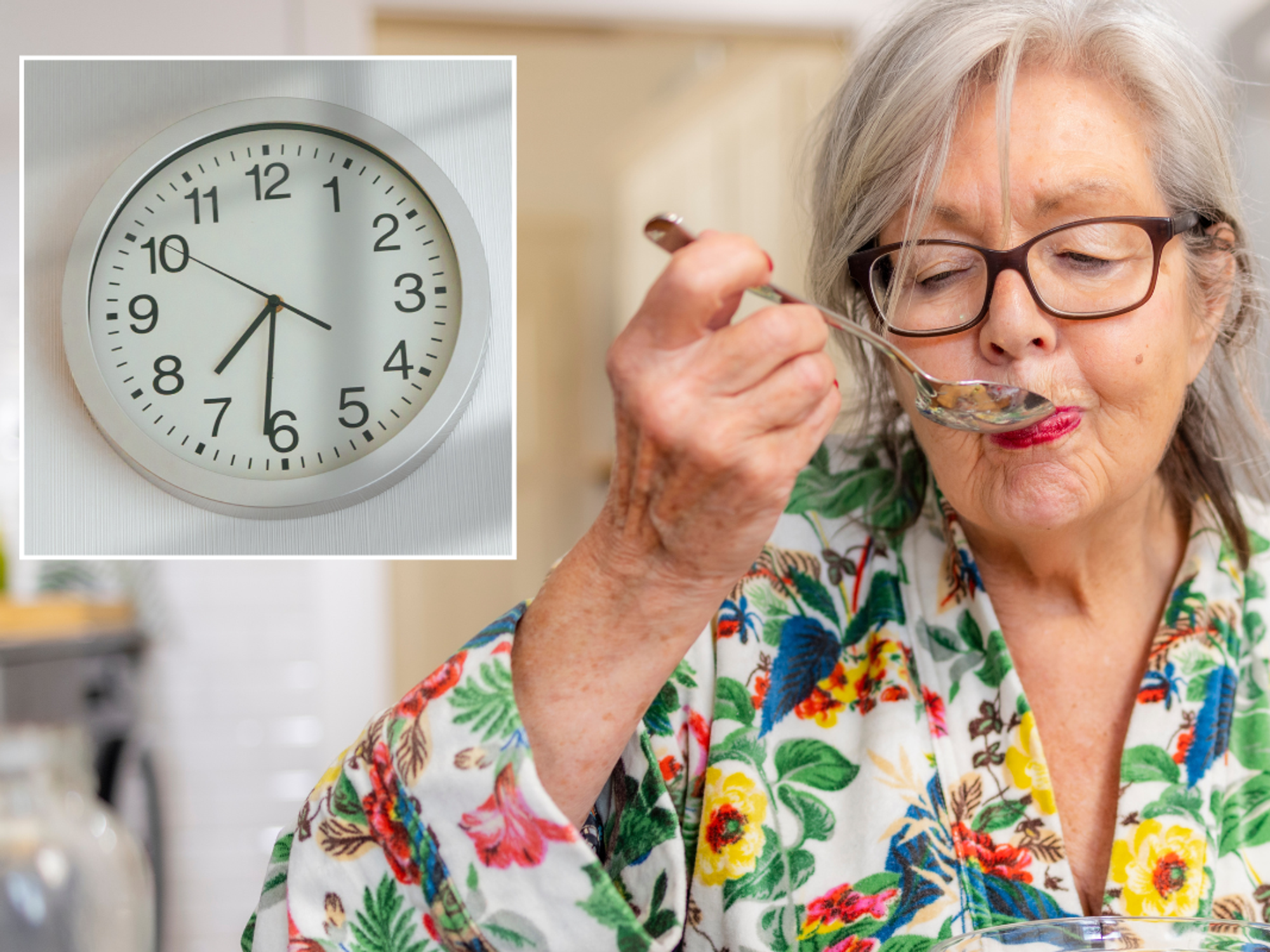 Clock; Woman eating breakfast
