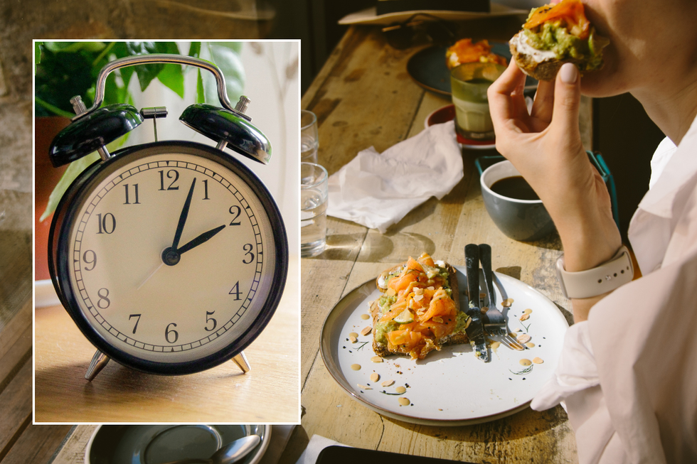 Clock; woman eating lunch