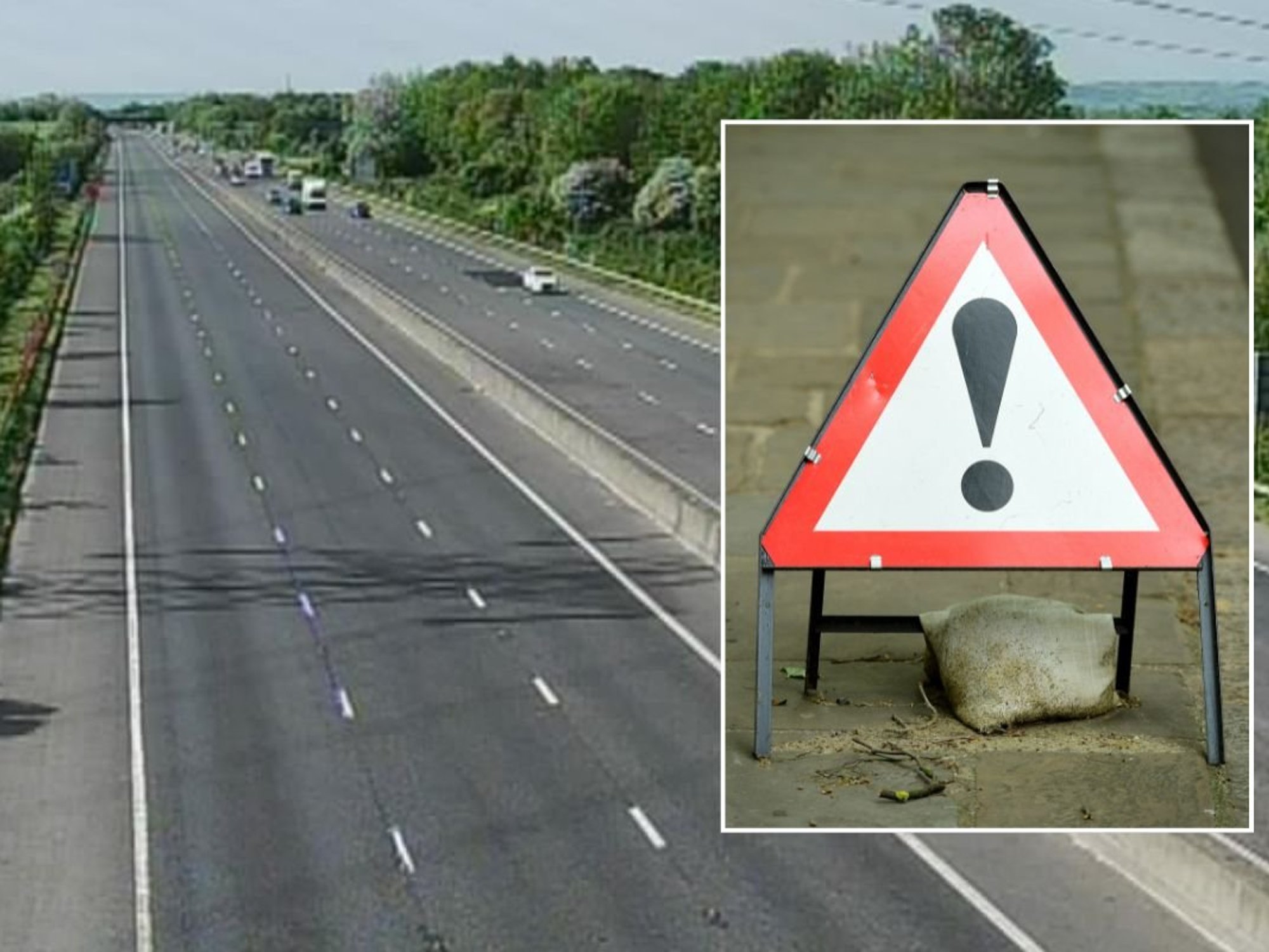Closed M5 road and a warning sign