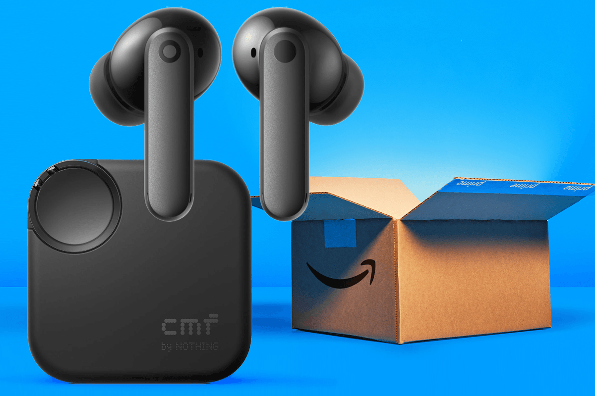 CMF Buds 2 pictured in the foreground in the Dark Grey colour with an Amazon Prime shipping box in the background