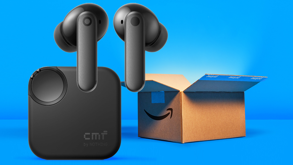 CMF Buds 2 pictured in the foreground in the Dark Grey colour with an Amazon Prime shipping box in the background