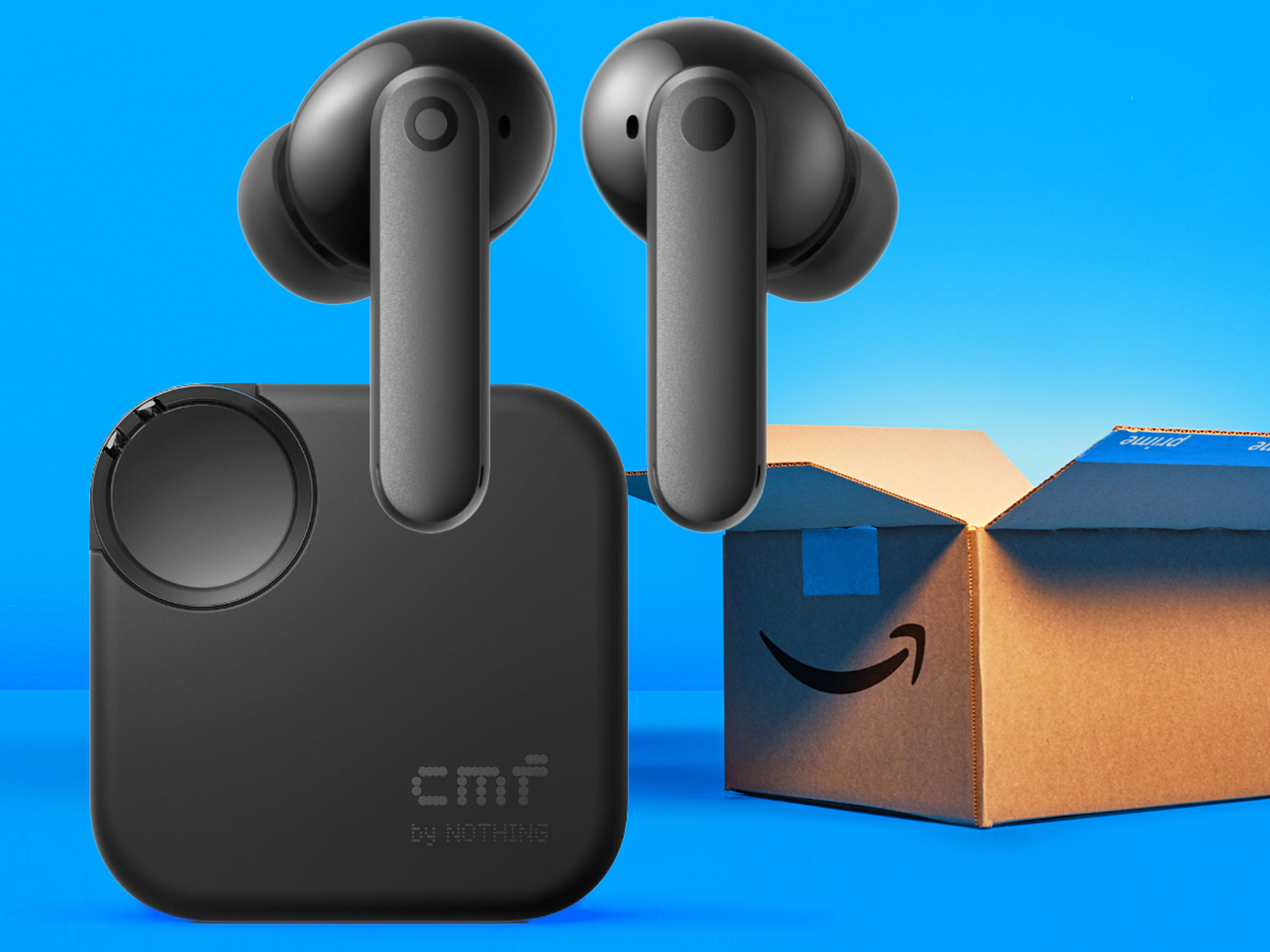CMF Buds 2 pictured in the foreground in the Dark Grey colour with an Amazon Prime shipping box in the background