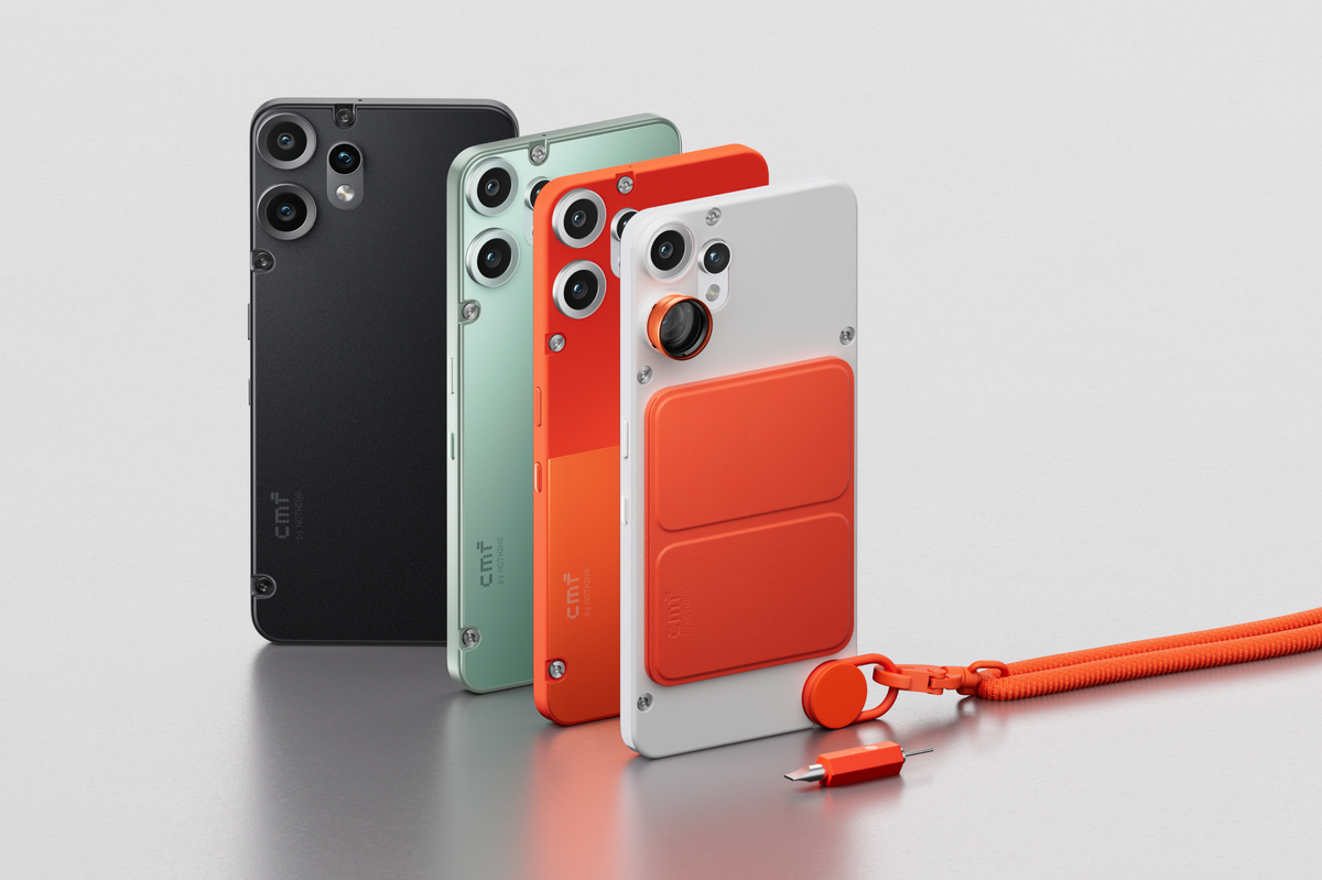 CMF phone 2 pro pictured in White, Black, Orange, and Light Green with the orange accessories