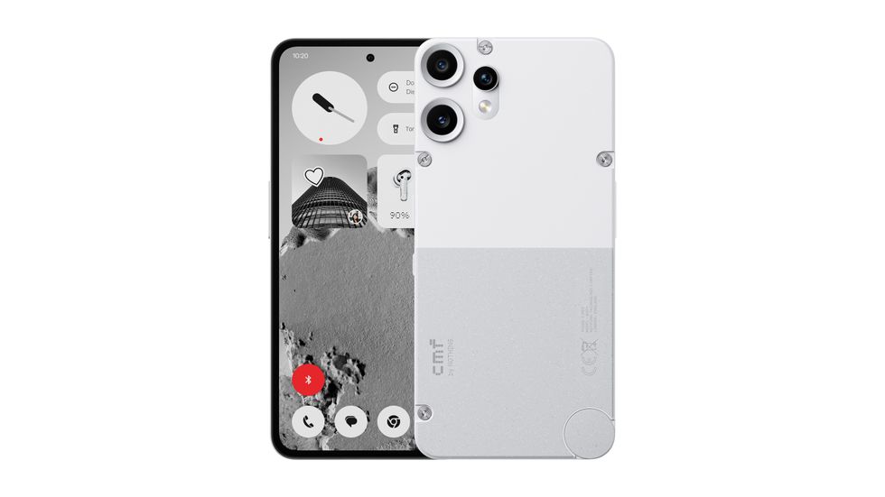 CMF Phone 2 Pro with the two-tone white rear panel shown on the back with its standstone finish