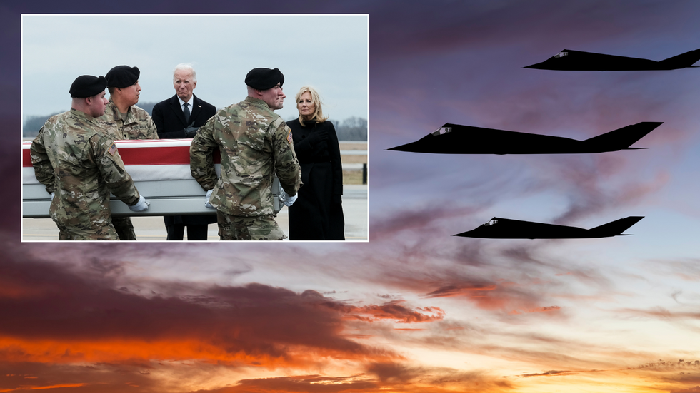 Coffin of one of the deceased soldiers and Biden/Fighter jets over the sky