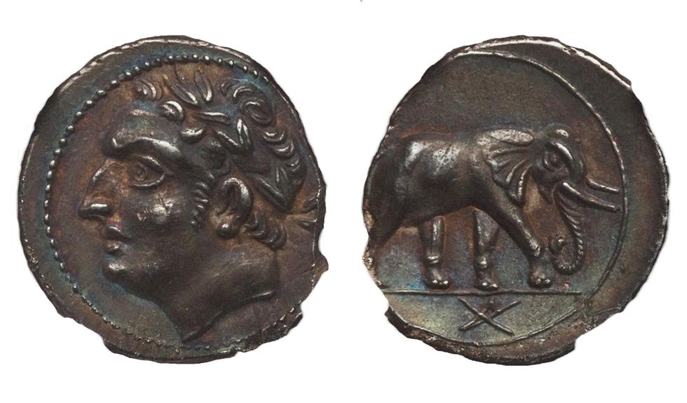 Coins depicting Hannibal and elephants