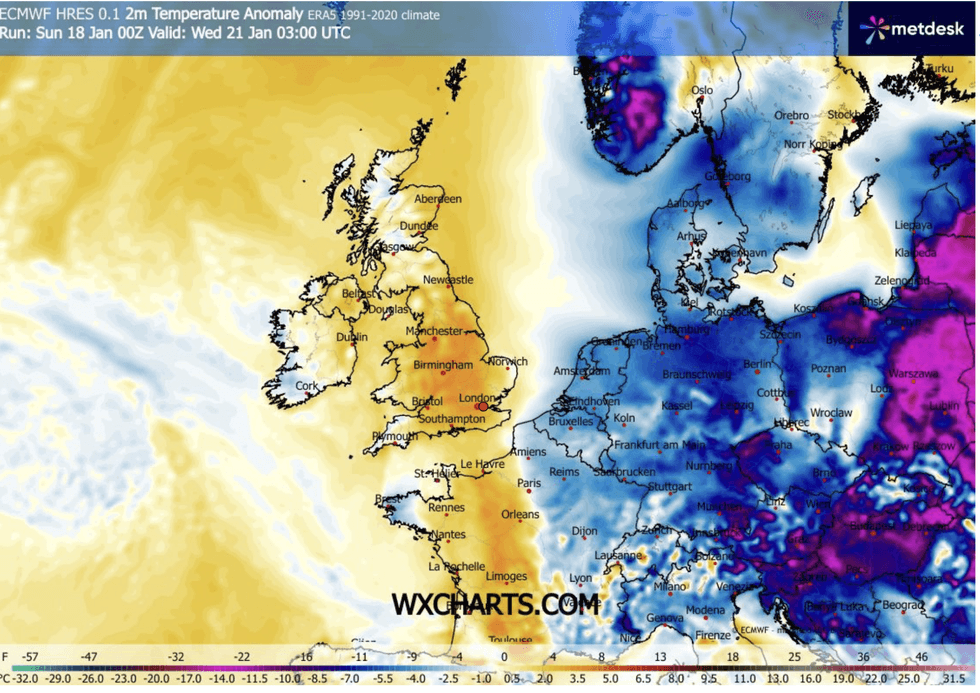 Colder weather will be kept at bay to the east of the UK