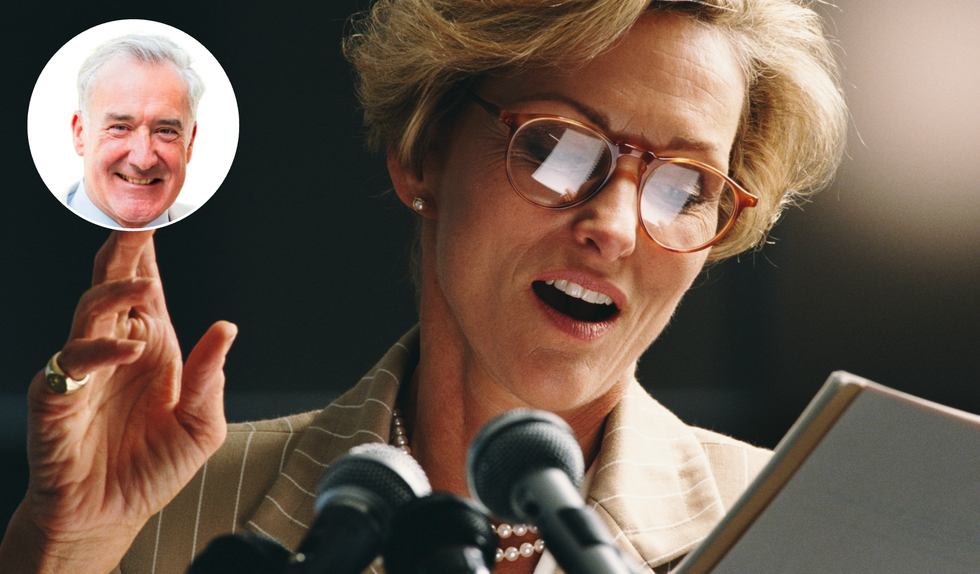 Colin Brazier (left), Woman giving a speech (left)