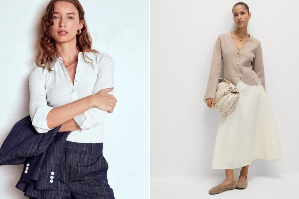 Collared Placket Jersey Shirt in White | Boden / Soft Touch V-Neck Waisted Knitted Jacket in Cappuccino | M&S
