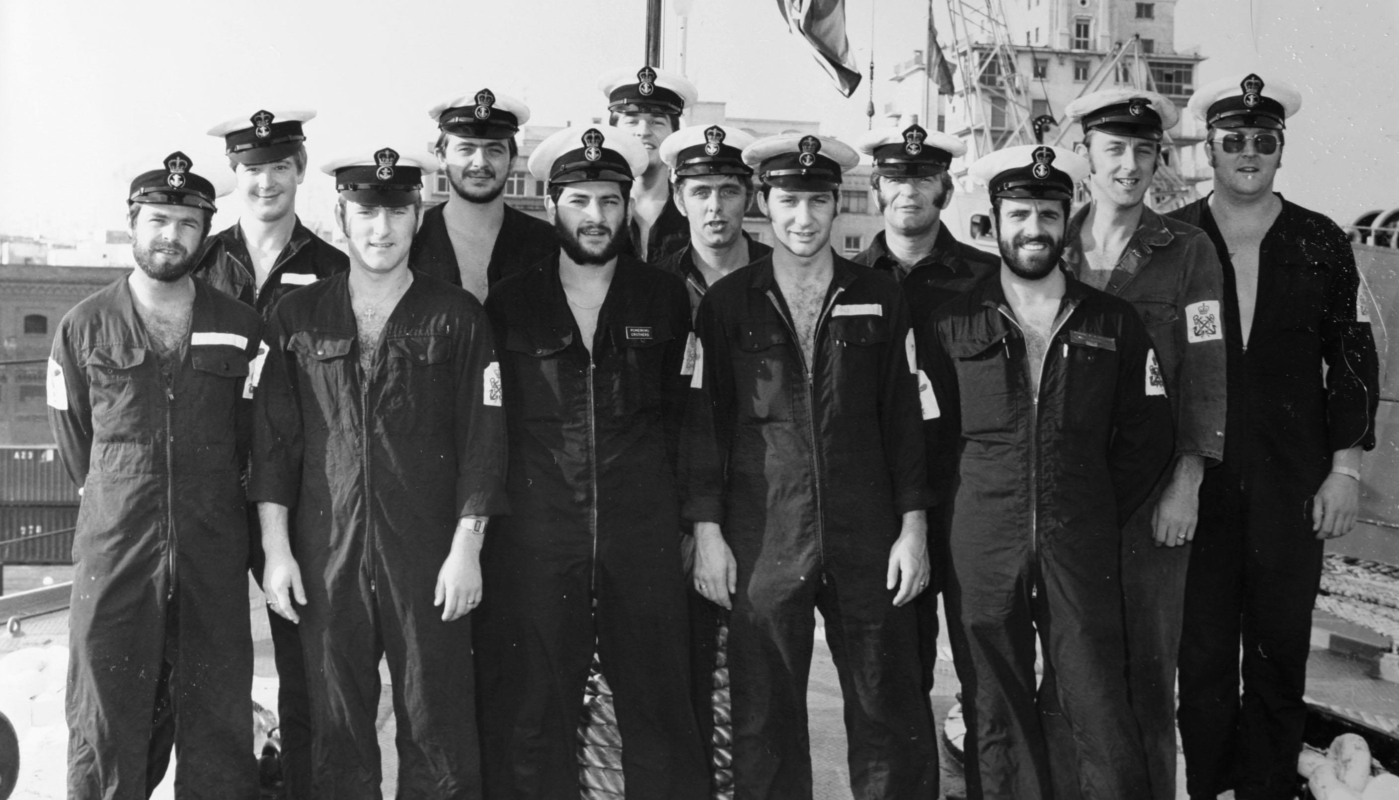 Collect picture of former Royal Navy engineer Derek 'Smokey' Cole (front row 4th from left) aboard HMS Intrepid in 1981. Mr Cole served aboard the assault ship during the Falkland's war 25 years ago.