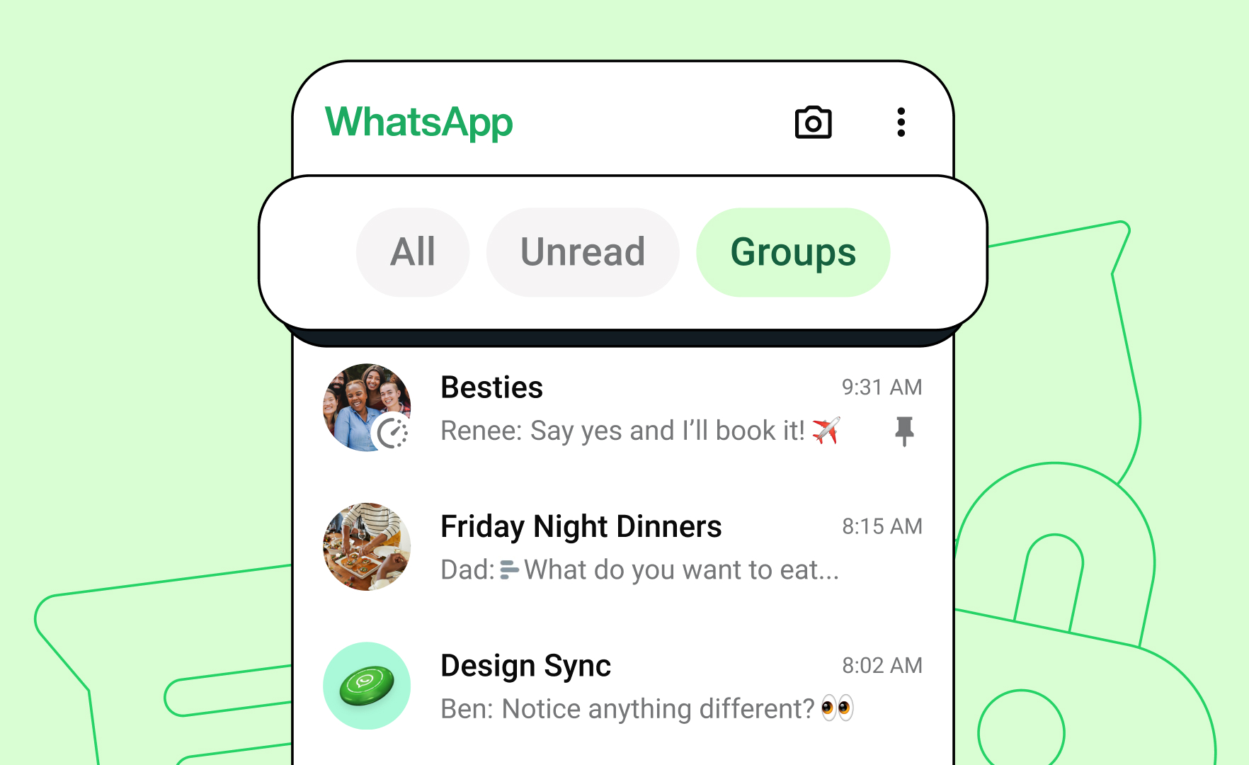 colourful illustration showing the three chat filters all unread and groups selected at the top of a whatsapp chat window