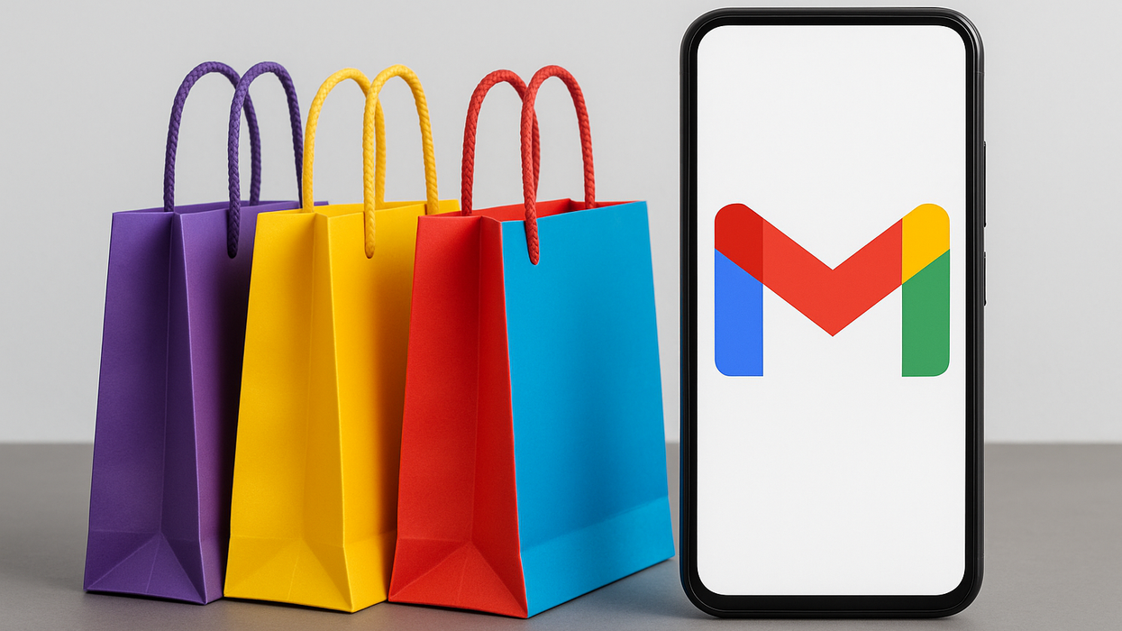 Colourful shopping bags next to phone displaying a Gmail logo