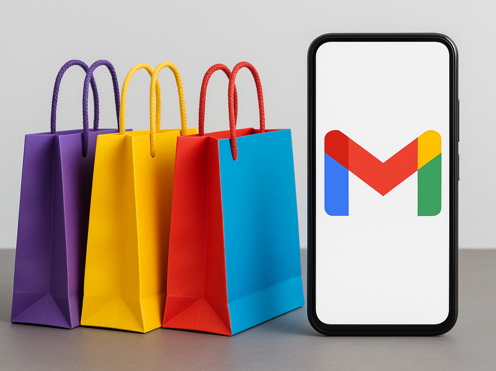 Colourful shopping bags next to phone displaying a Gmail logo